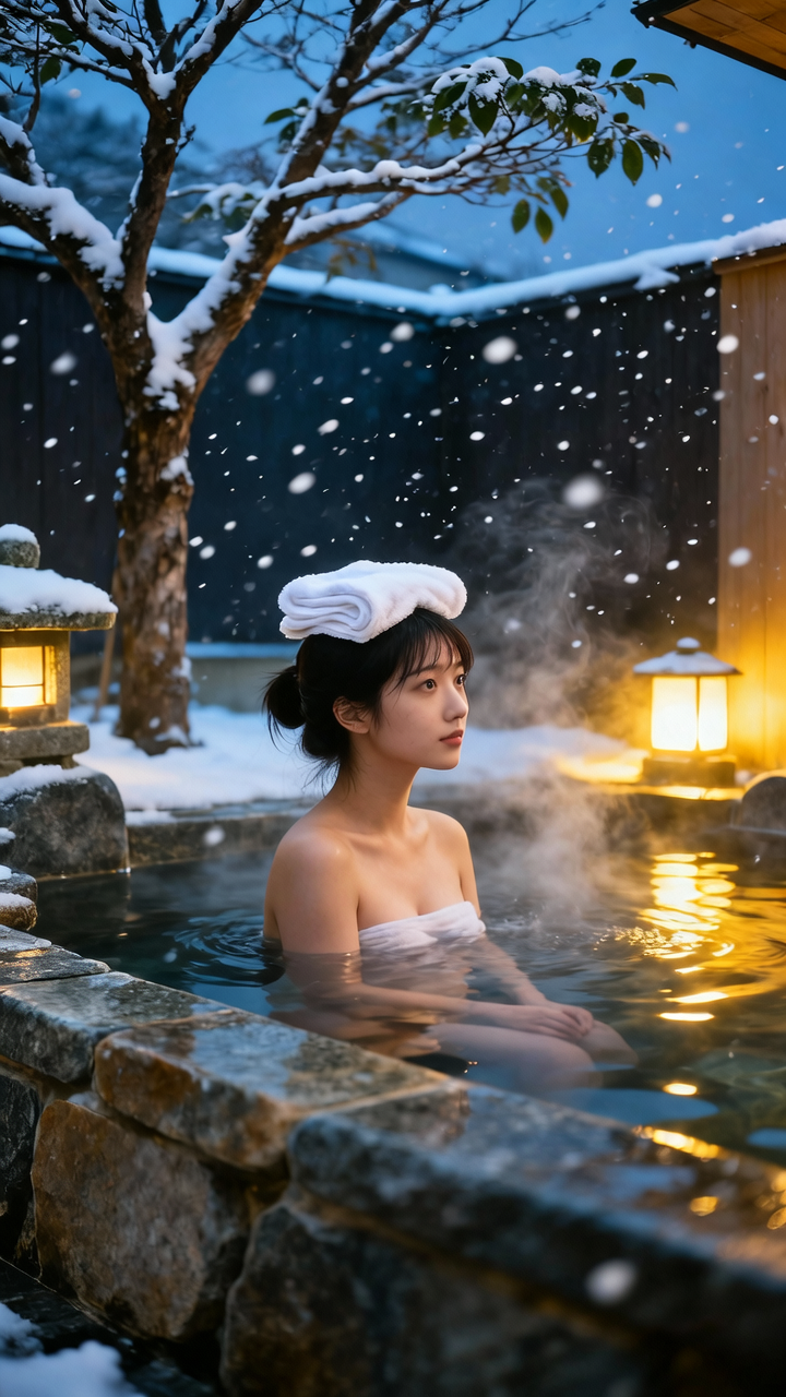雪降る露天風呂のタオル美少女